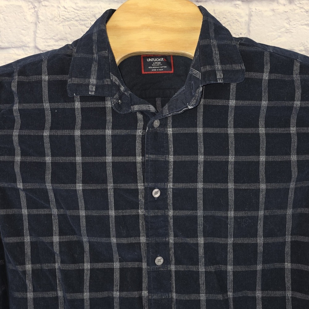 UNTUCKit Men Navy‎ Blue Windowpane Cord Corduroy Long Sleeve Shirt Size Large